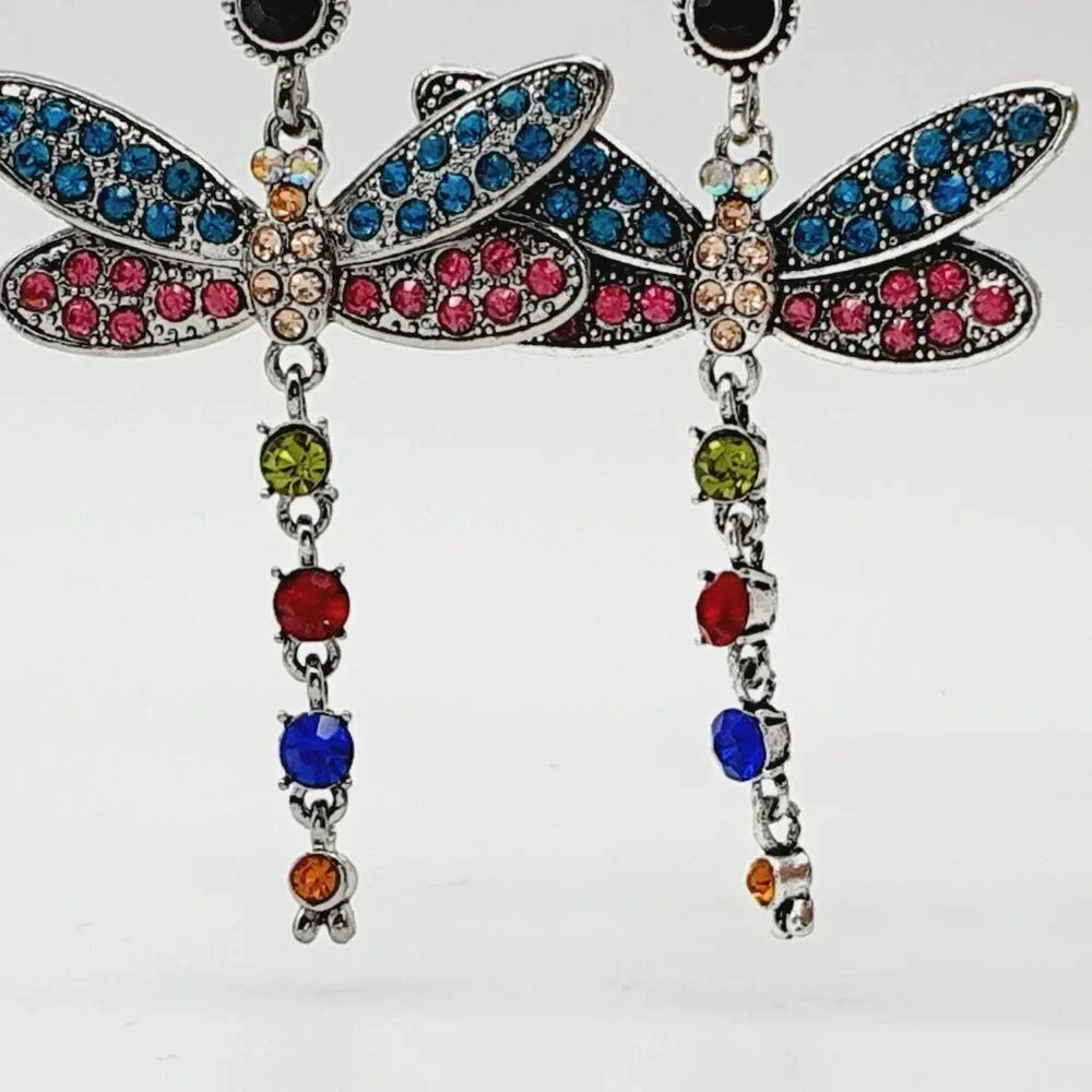 Multi Color Dragonfly Crystal Rhinestone Silver Plated Hook Earrings, V…